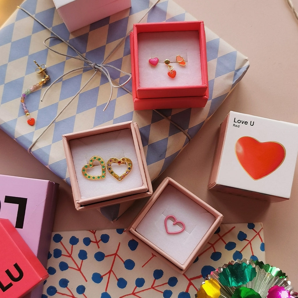 LULU Copenhagen 2Hearts earring 1 pcs gold plated Ear stud, 1 pcs Burnt Coral-Orange Coral